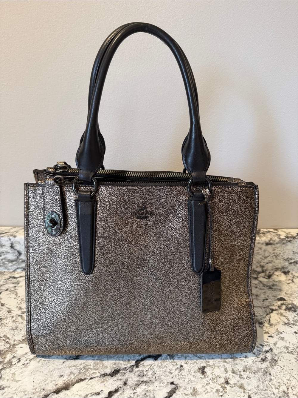 Coach Metallic Pebbled Leather Satchel in Bronze and Black